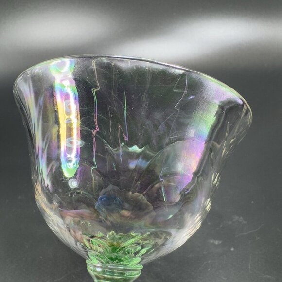 Uranium Stems Champagne Glasses Cups Herringbone Optic Iridescent Finish Set 2 - Picture 3 of 16